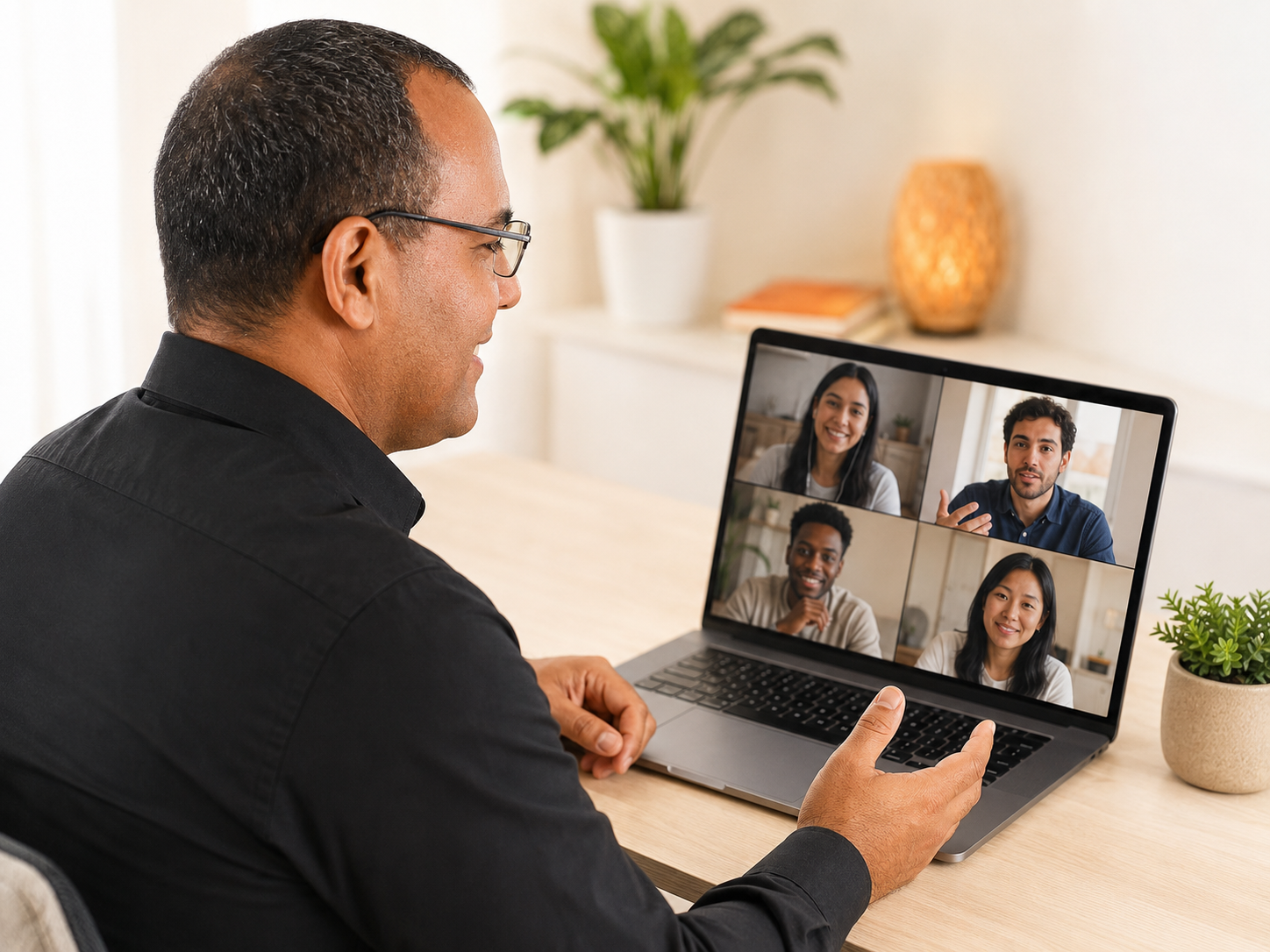 Elkin guiding four adult learners during an online Spanish conversation