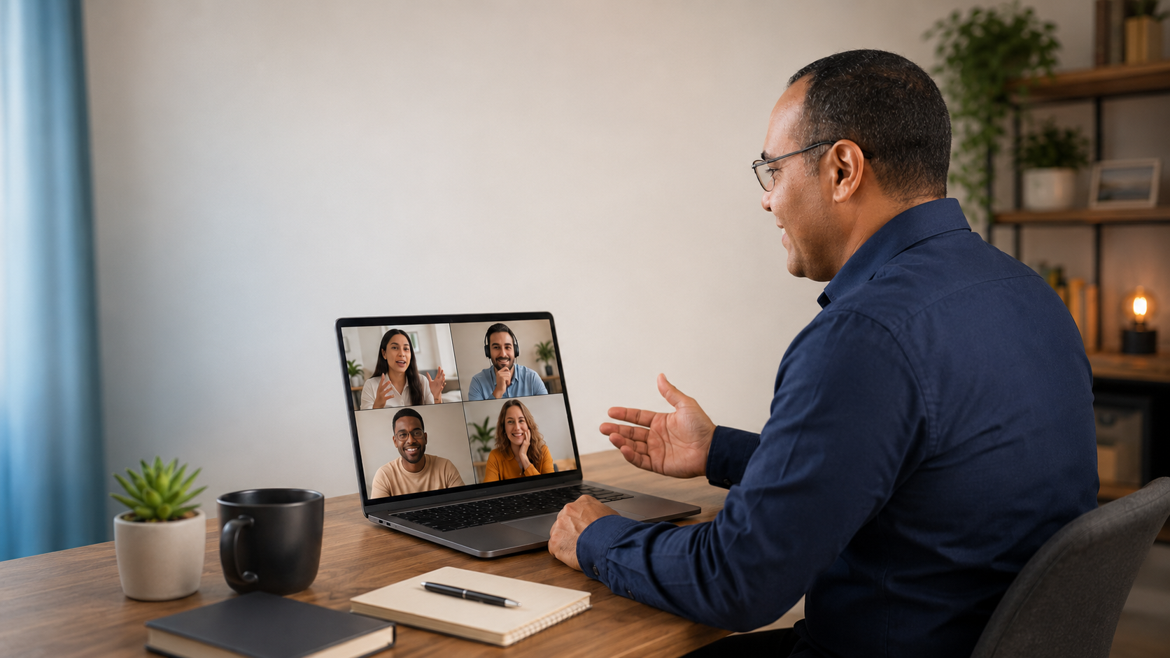 Elkin leading a live online Spanish conversation with four adult learners